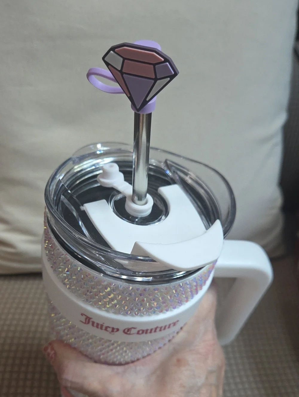 NWT Juicy Couture Iridescent Crystal Hot/Cold 40 oz. Cup with White Handle
